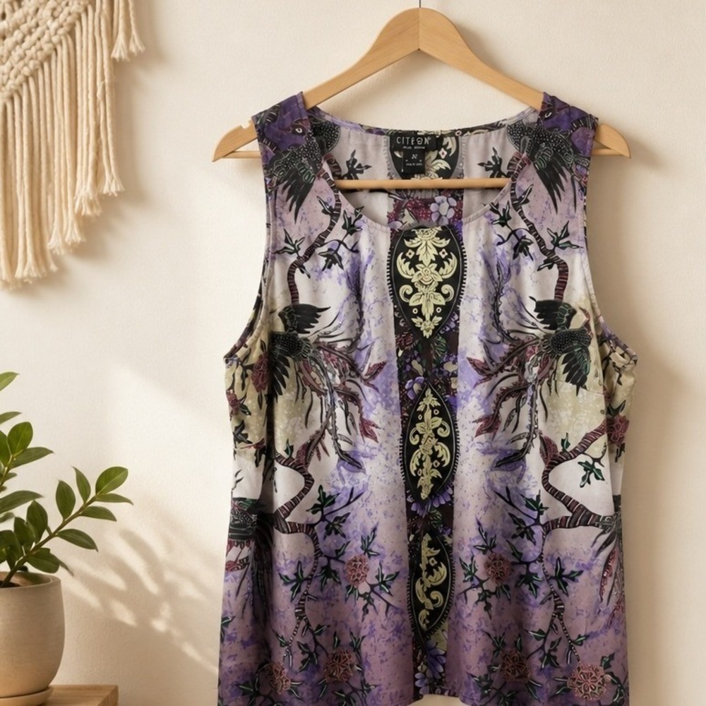 Citron Santa Monica 2X  100% Silk Purple Floral Phoenix Bird Tank Top Plus Size